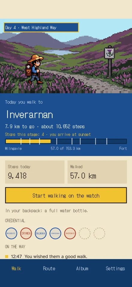 The Camino screen: today you walk towards the next town